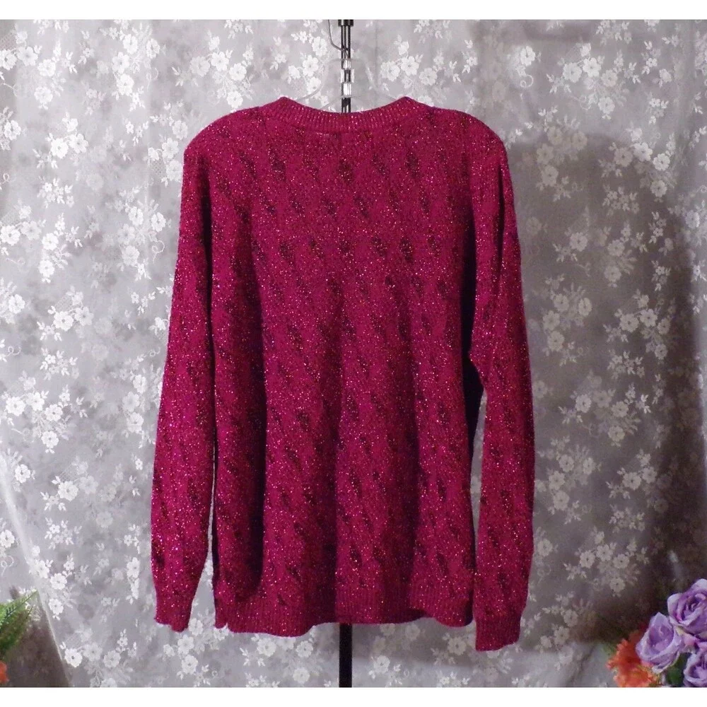 Vintage 80s Sweater 1980s Dark Pink Glitter New Wave Hipster Retro Size Large